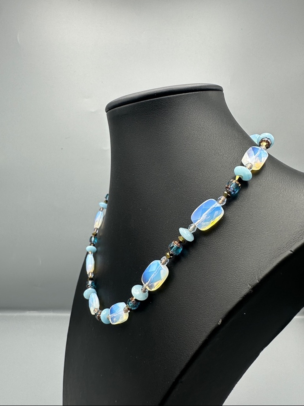 Opalescent Blue Glass Bead Necklace - Picture 3 of 5